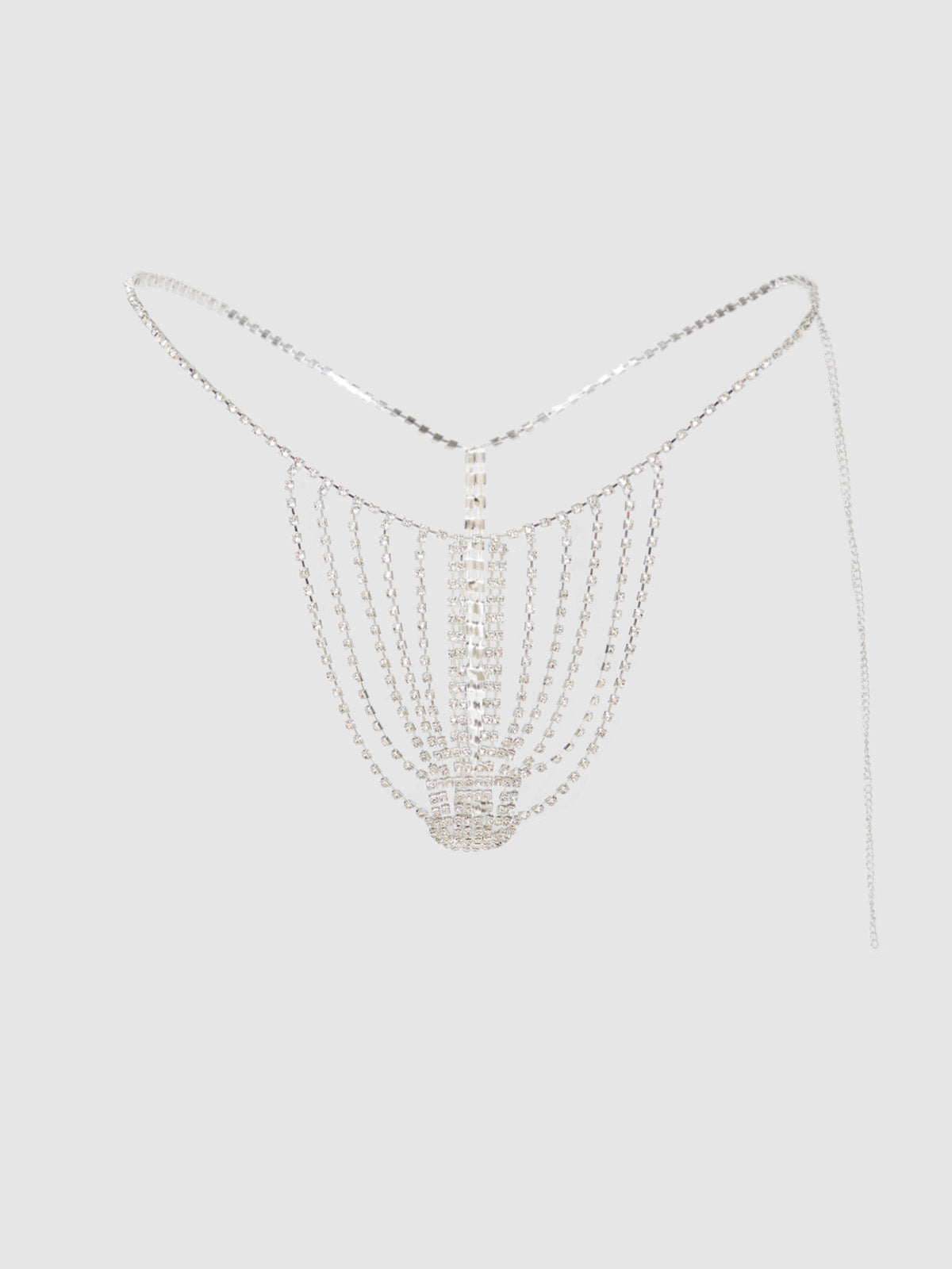 The Ziggy Rhinestone Vertical Thong by Frederick's of Hollywood features dazzling rhinestone strands and a central vertical chain, set on a slim silver waistband. Part of the Ziggy Collection, it's shown against a plain light grey background.