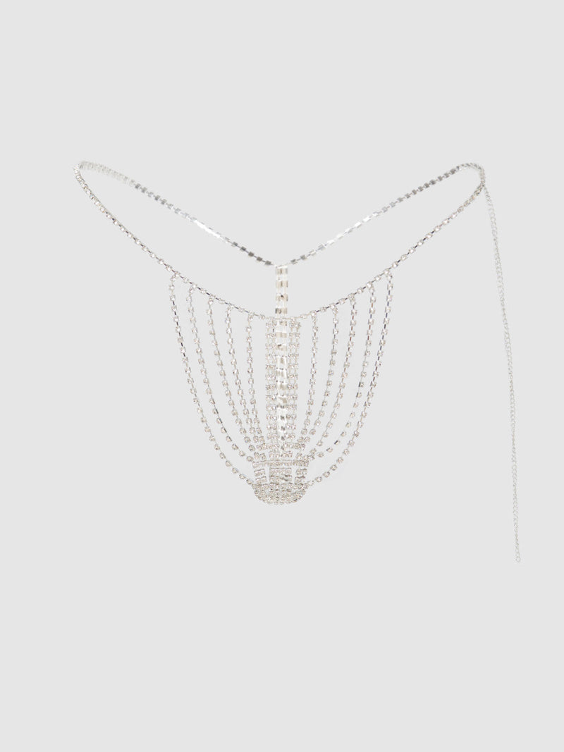 The Ziggy Rhinestone Vertical Thong by Frederick's of Hollywood features dazzling rhinestone strands and a central vertical chain, set on a slim silver waistband. Part of the Ziggy Collection, it's shown against a plain light grey background.