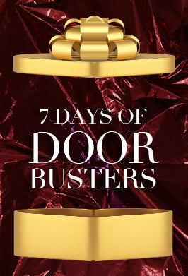 Promotional graphic for '7 Days of Door Busters' with gold shelves and a red background.