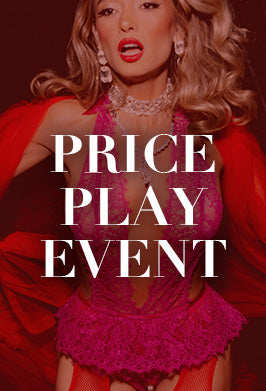 A promotional graphic featuring a woman in a bright pink lace halter dress and red draped fabric against a dark red background, with large white text reading 'PRICE PLAY EVENT' across the center.