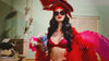 woman wearing pink lingerie and red robe, with sunglasses holding a pink pool tube