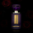 Perfume bottle with gold accents on a dark background with roses