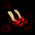 Red high-heeled shoes with 'Bertoni' branding on a dark background with red roses.