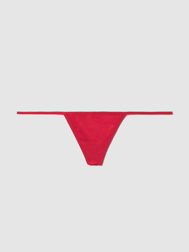 The Exxtreme Microfiber Mini G-String by Frederick's of Hollywood, shown in minimal red with a triangular front and thin waistband, stands out against a light grey background. Discover sexy lingerie in various colors to fit your style.