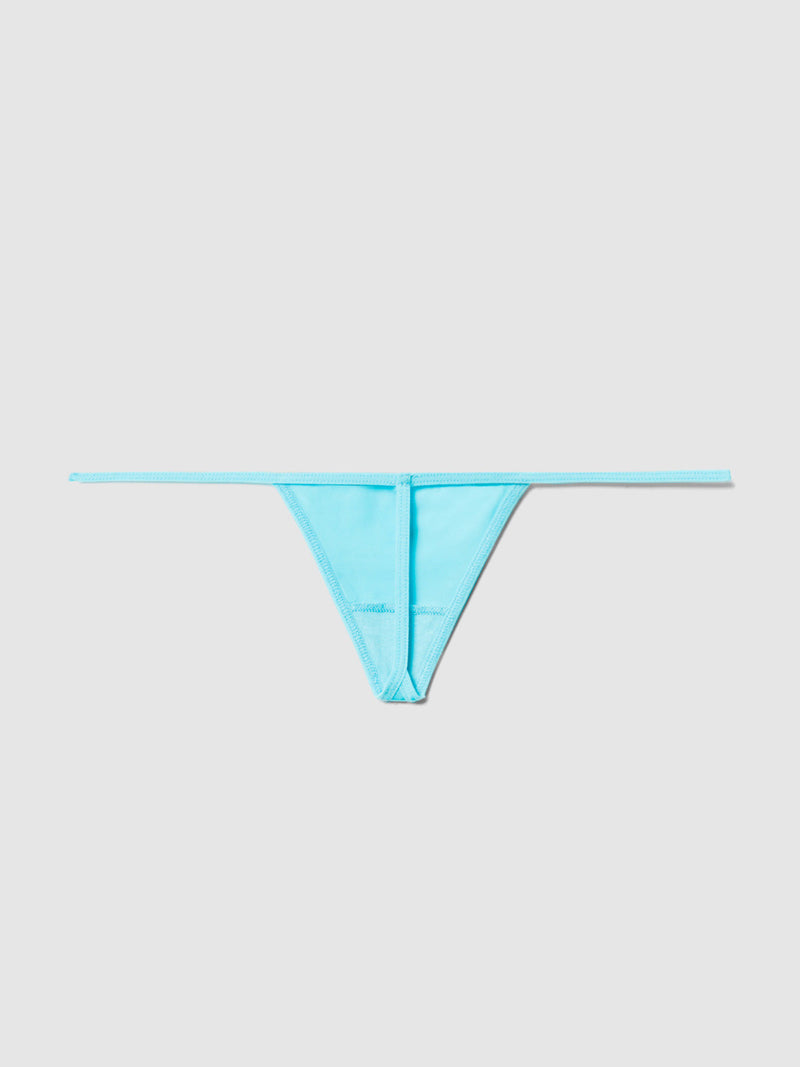 A light blue Frederick's of Hollywood Hollywood Heartthrob Mini G-String with minimal coverage is displayed flat on a plain, light gray background.