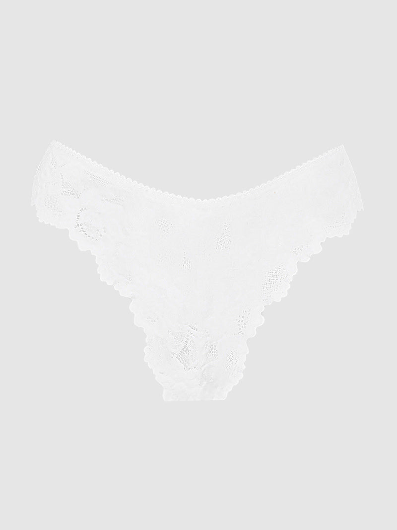 The Frederick's of Hollywood Jessica Lace Tanga is shown on a plain light gray background. This minimal coverage underwear features a comfortable floral lace pattern, scalloped edges, and a V-shaped front design.
