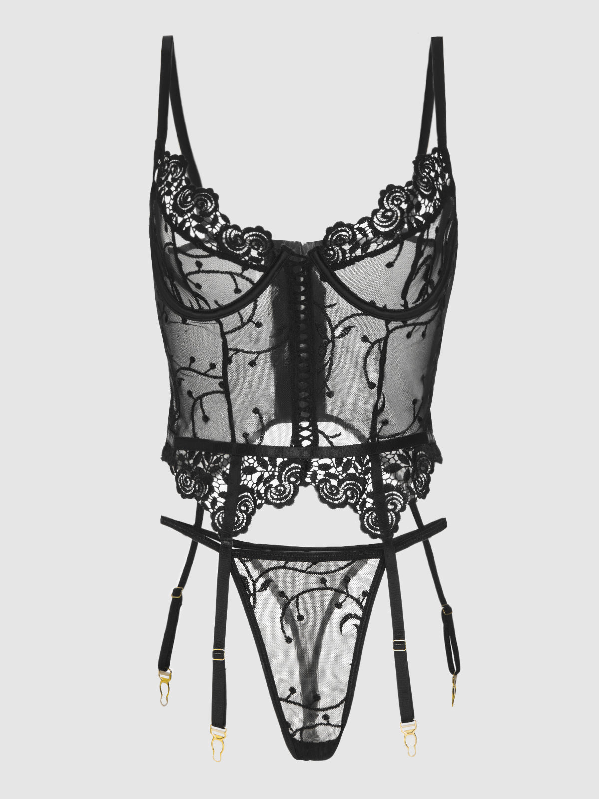 Mariah Embroidered Mesh Corset Set - Fredericks of Hollywood